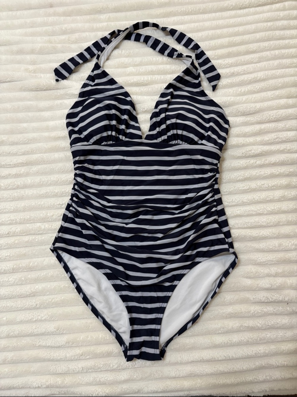 Navy and Gray Striped Halter One-Piece Swimsuit
